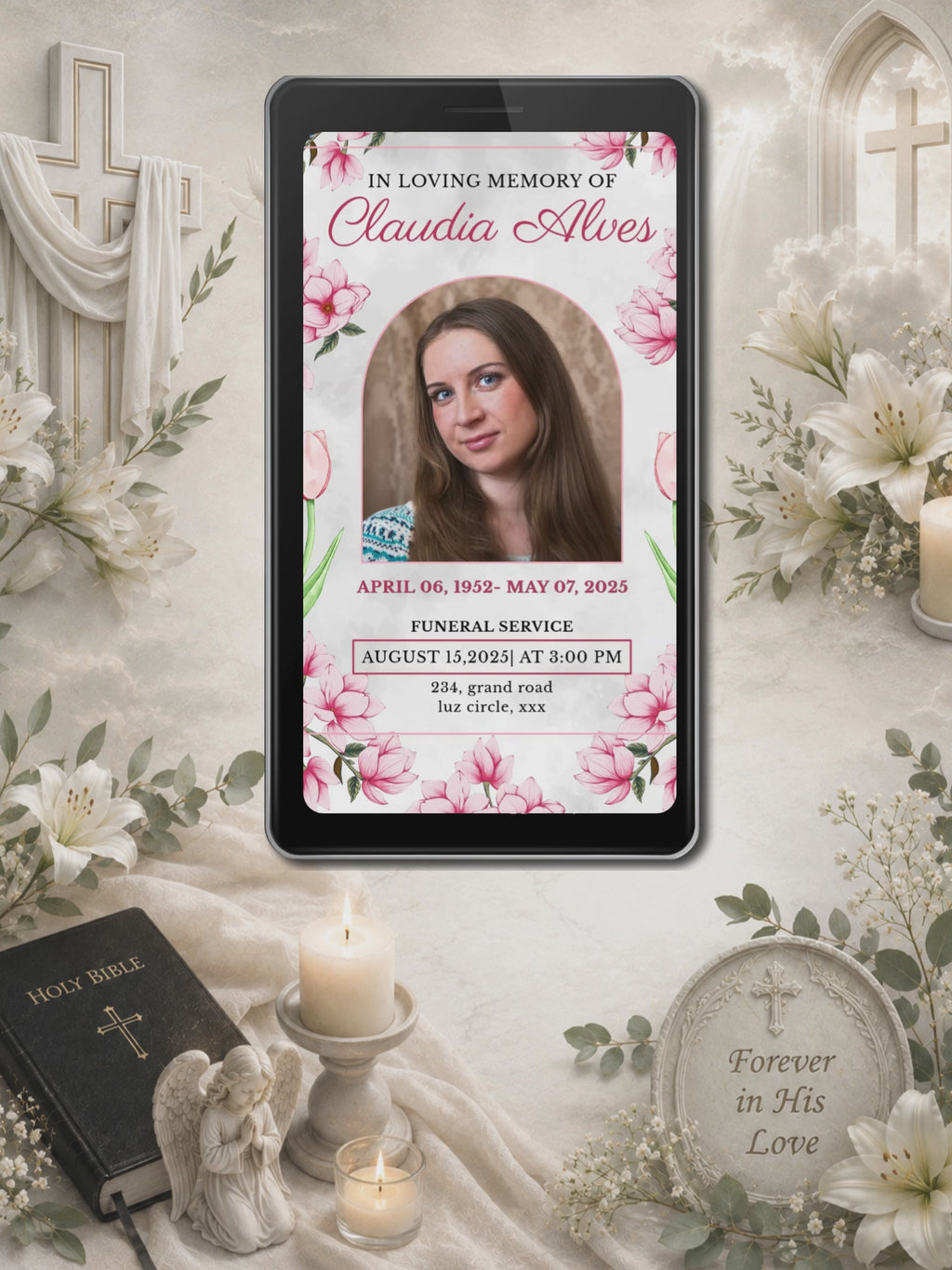 Pink Magnolia Floral Border Funeral Service Video Invitation | Editable Canva Template | In Loving Memory Of | Arched Photo Frame | Instant Download