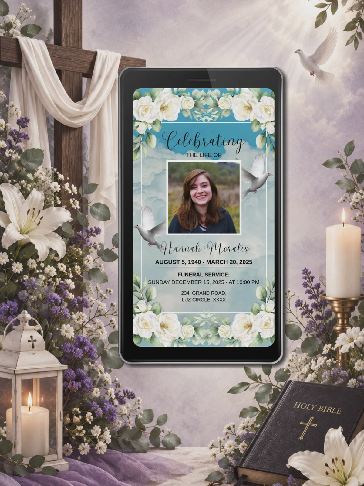 Teal Blue Dove Funeral Service Video Invitation | Editable Canva Template | Celebrating the Life Of | White Roses Photo Invite | Instant Download
