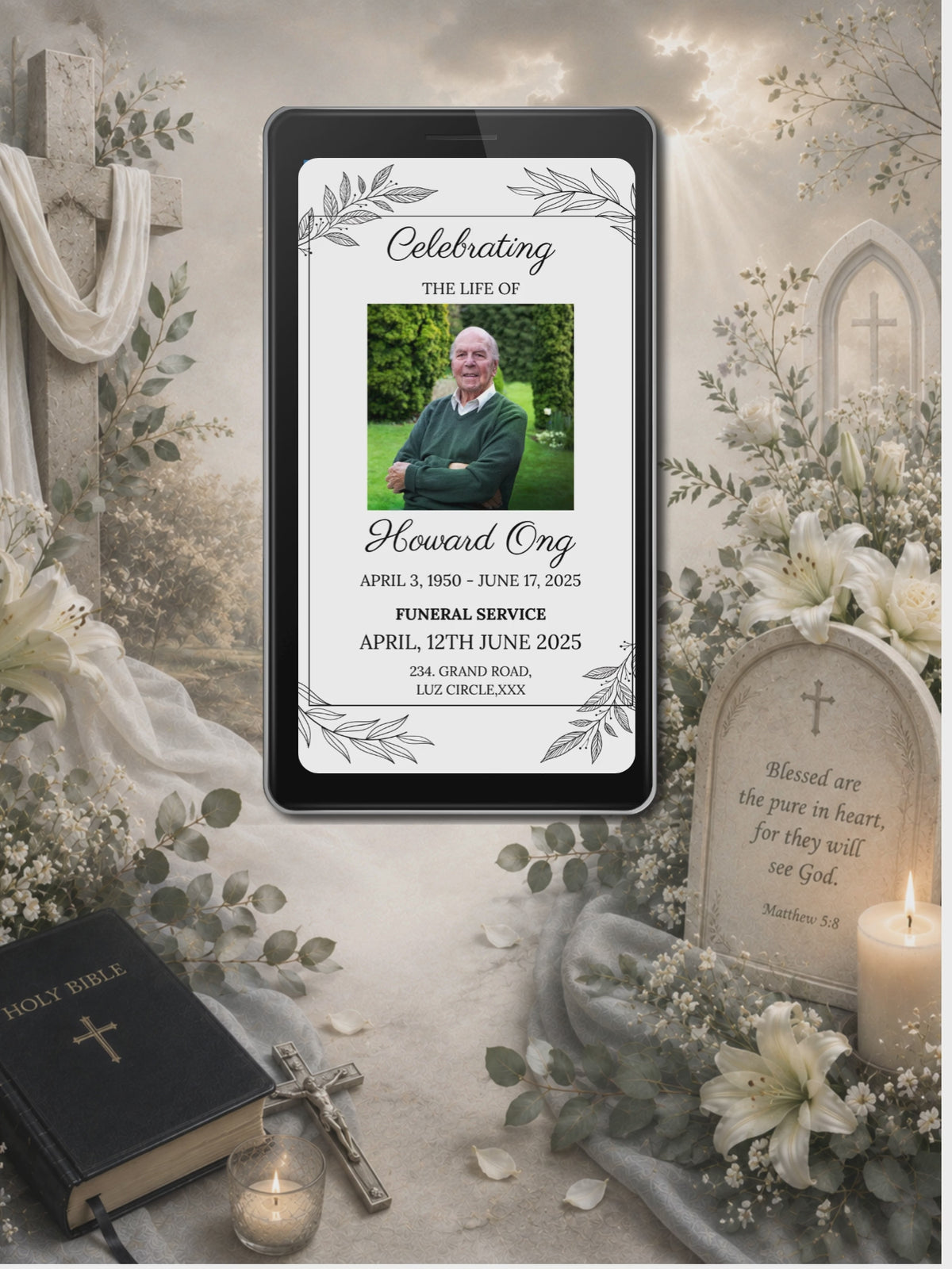 White Minimalist Line Art Leaf Funeral Service Video Invitation | Editable Canva Template | Celebrating the Life Of | Elegant Border Photo Invite | Instant Download