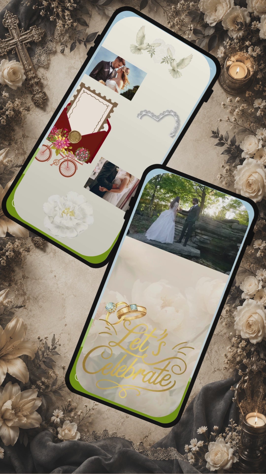 Christian Wedding Invitation Video Template Canva | Cream Ivory Gold Cross Magnolia | Join Us in Celebration A Beautiful Day Timeline | Personal Use