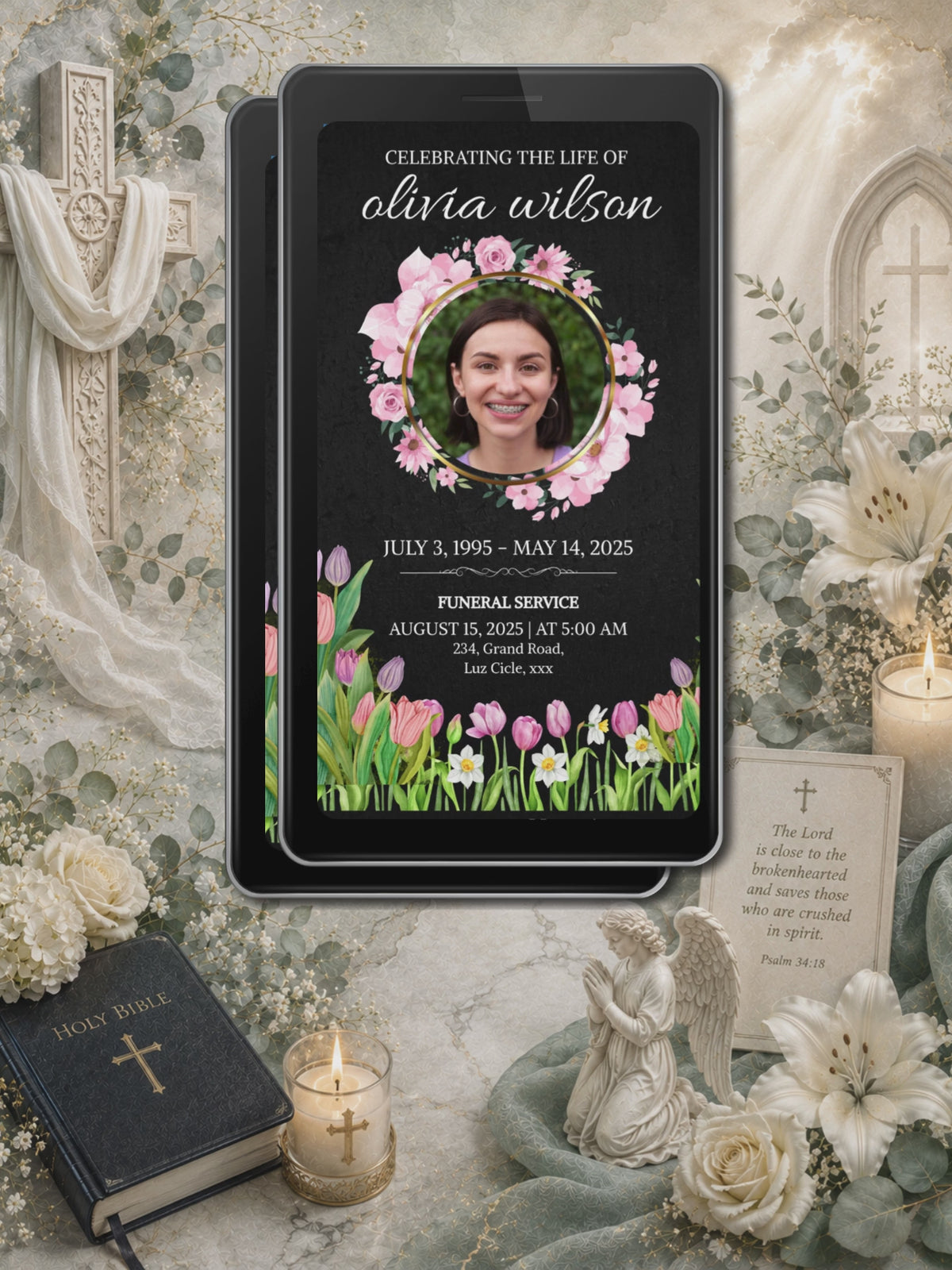 Dark Pink Tulip Wreath Funeral Service Video Invitation | Editable Canva Template | Celebrating the Life Of | Spring Floral Photo Invite | Instant Download