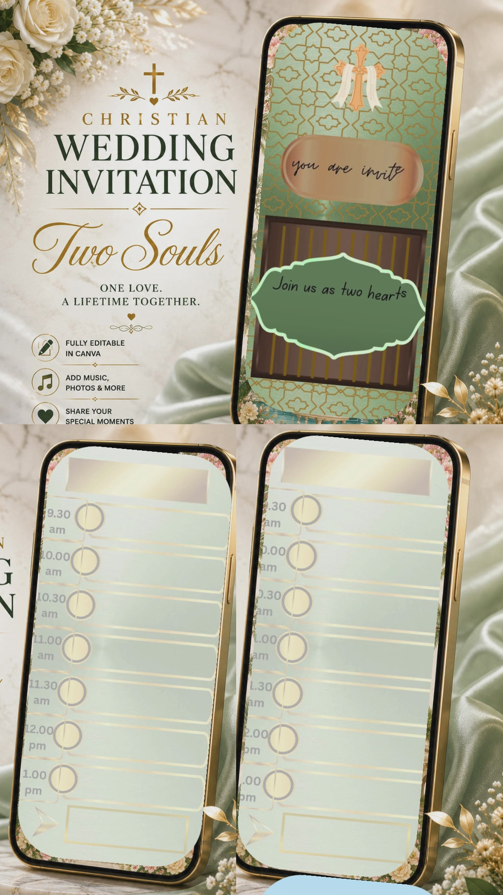 Christian Wedding Invitation Video Template Canva | Sage Green Gold Islamic Geometric | Holy Union Church Details & Day of Blessings | Personal Use