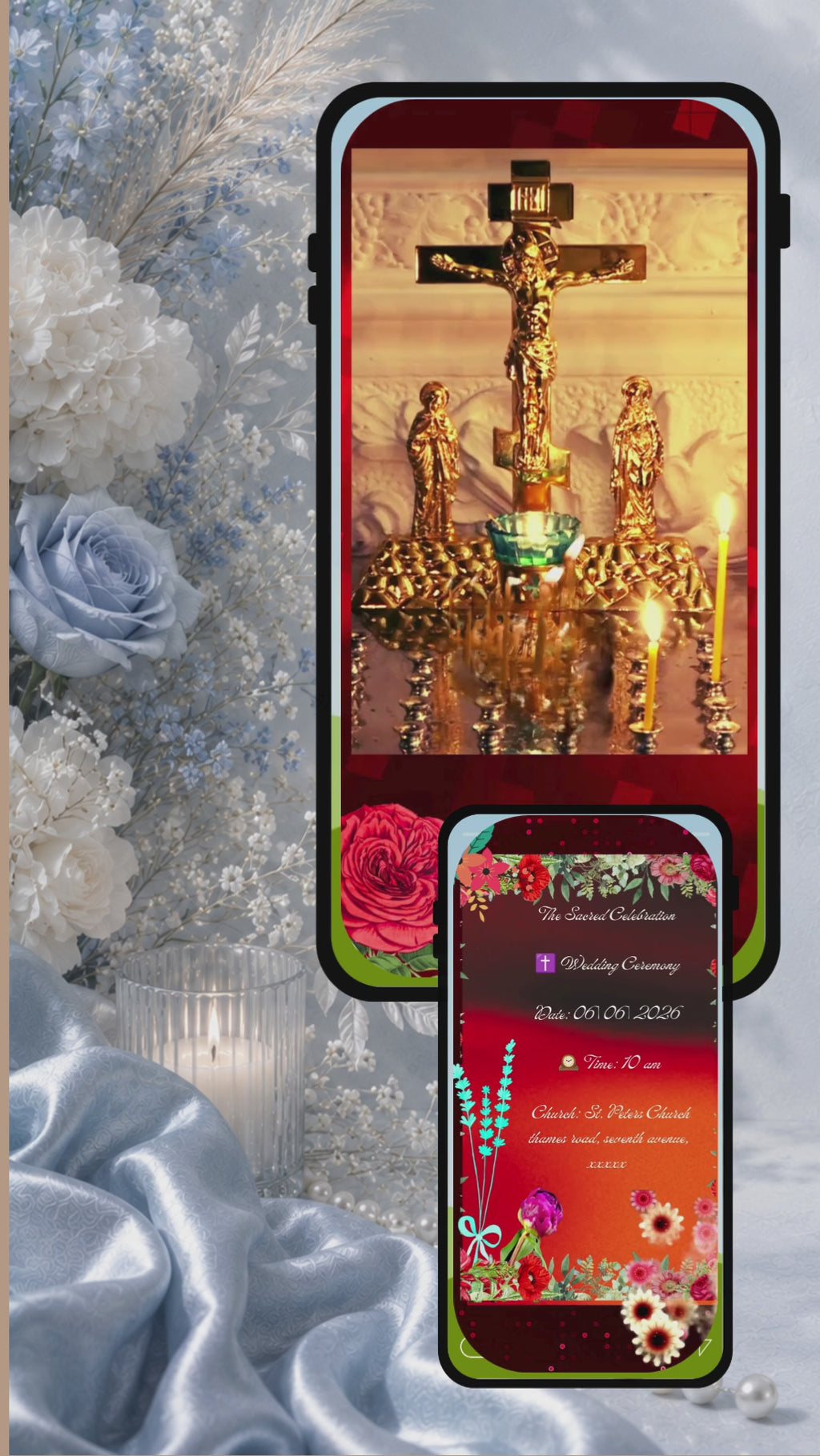 Christian Wedding Invitation Video Template Canva | Sacred Crimson Red Rose Jesus Cross | Floral Church Ceremony Animated Invite | Commercial Use Licence