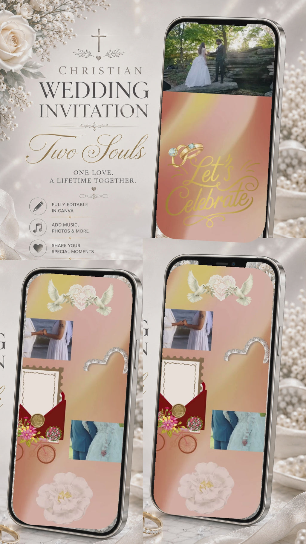 Christian Wedding Invitation Video Template Canva | Terracotta Coral Let's Celebrate Gold Ring | Join Us in Celebration Faith Quote | Commercial Use Licence