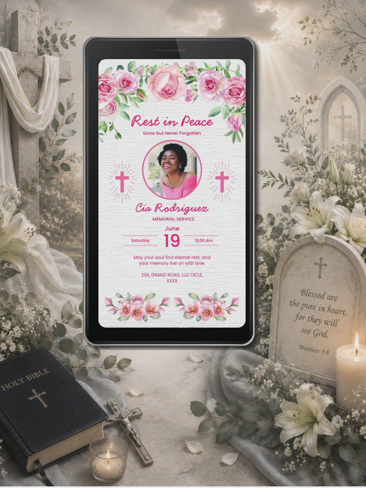 Rest in Peace Pink Roses Cross Memorial Service Video Invitation | Gone But Never Forgotten | Circular Photo | Editable Canva Template | Instant Download