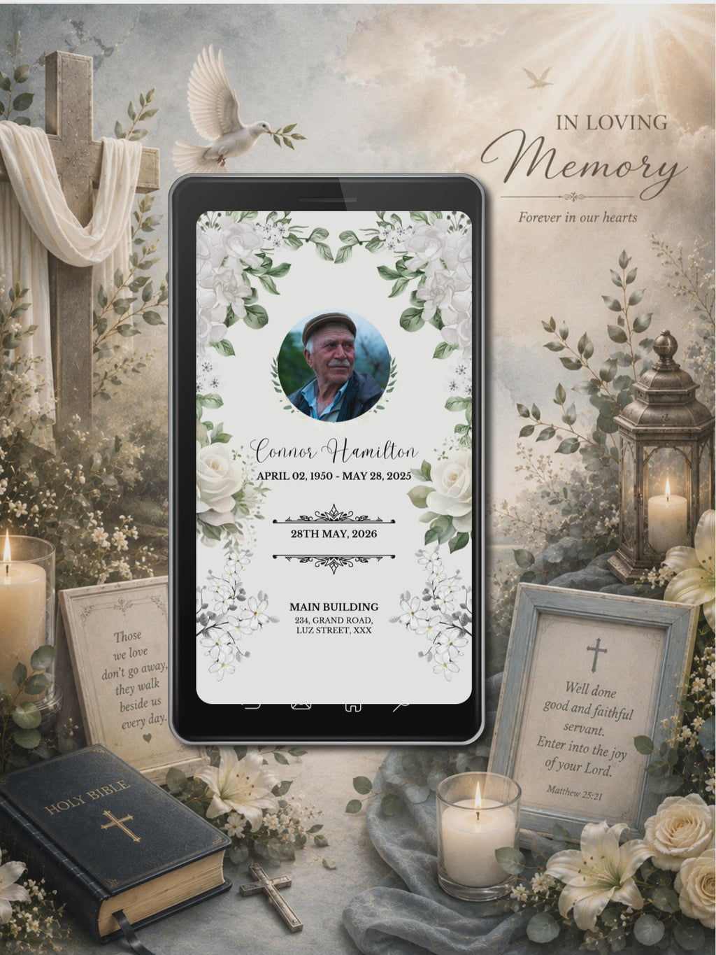 White Floral Memorial Service Video Invitation | Editable Canva Template | Christian Celebration of Life Invite | In Loving Memory | Instant Download